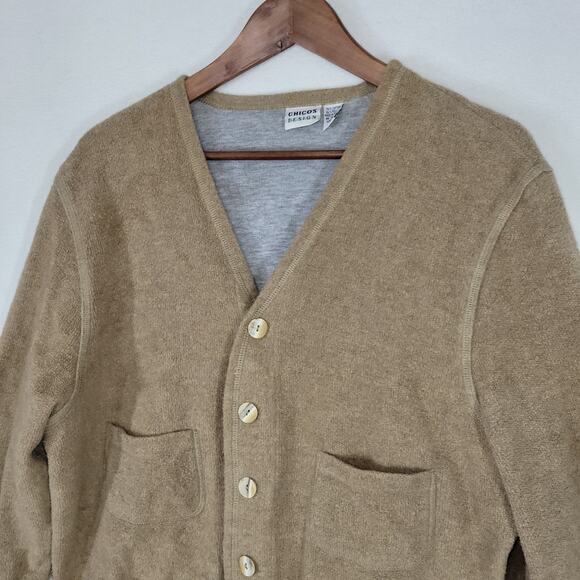 Vintage Chicos Sweater Womens Sz Large Beige Button Up Long Sleeve Grandma Warm - Picture 2 of 15
